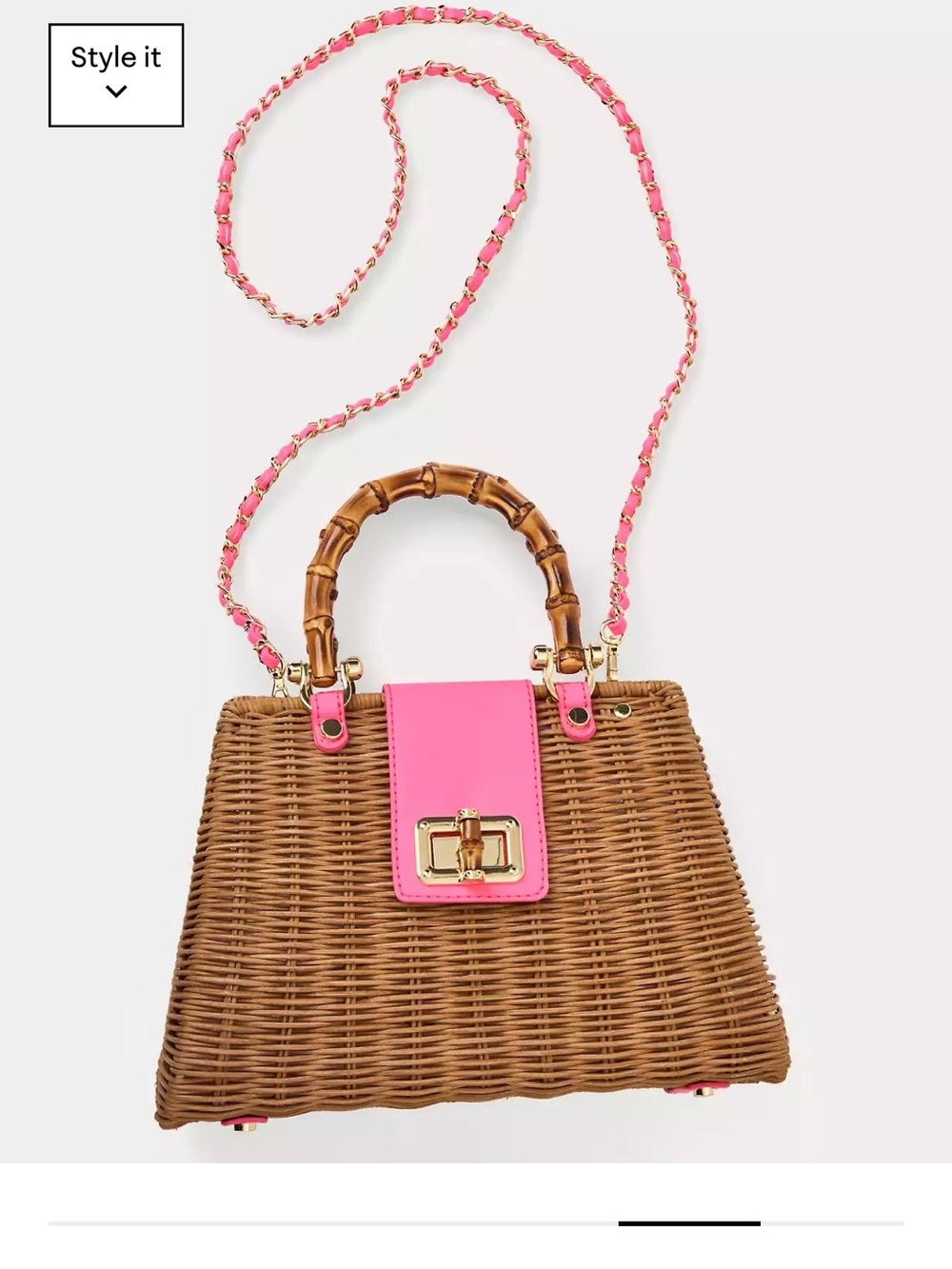 Lilly Pulitzer Leena Handle top Woven Rattan Satchel with Bright Pink Flap. - Picture 3 of 7